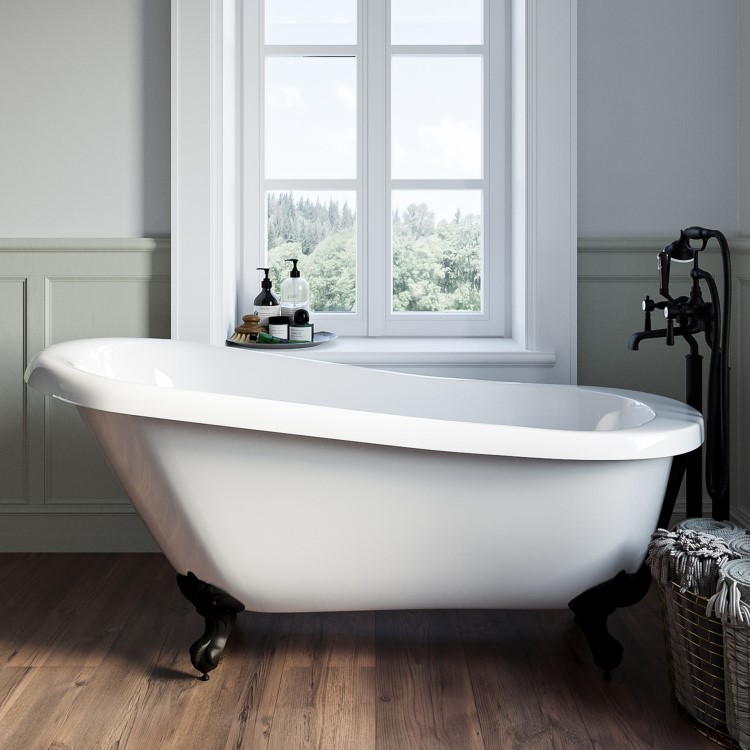 Freestanding Single Ended Roll Top Slipper Bath with Black Feet 1555 x 725mm - Park Royal