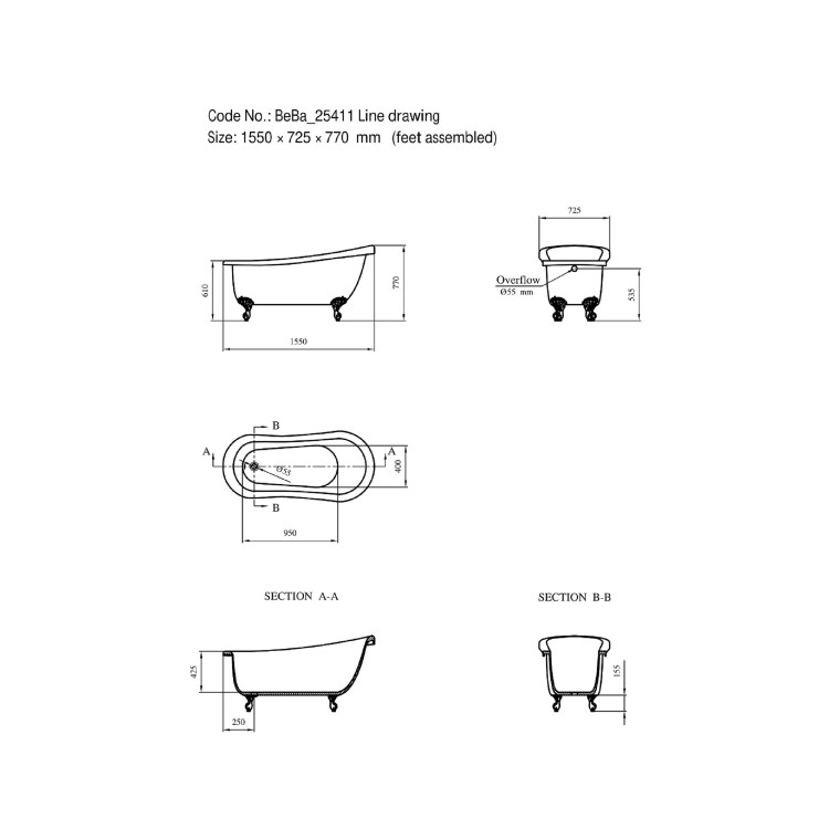 Freestanding Single Ended Roll Top Slipper Bath with White Feet 1550 x 725mm - Park Royal