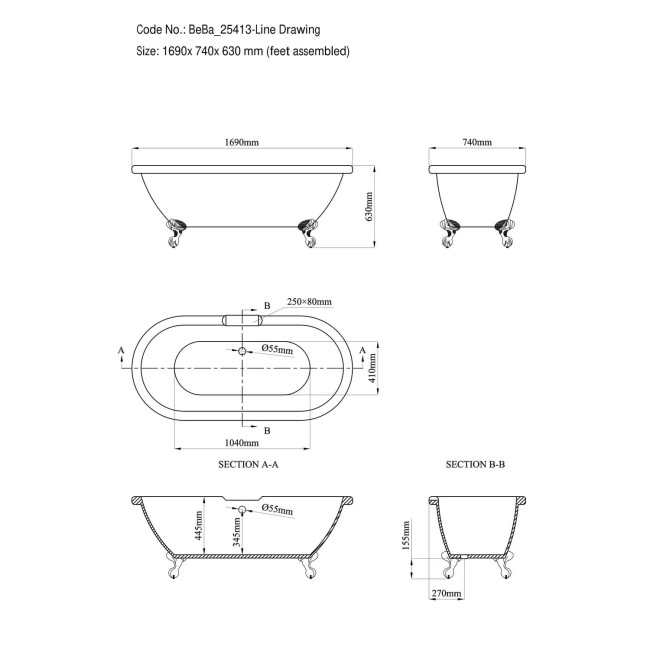 Freestanding Double Ended Roll Top Bath with Brushed Brass Feet 1690 x 740mm - Park Royal