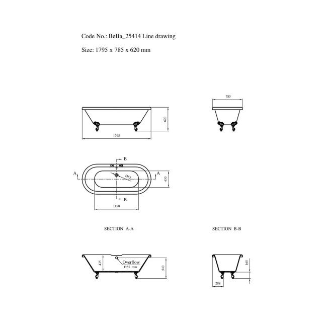 Grade A1 - Freestanding Double Ended Roll Top Bath with Chrome Feet 1795 x 740mm - Park Royal