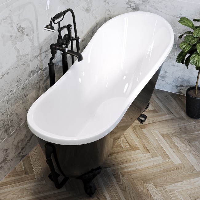 Freestanding Single Ended Roll Top Slipper Bath Black with Black Feet 1625 x 695mm - Lunar