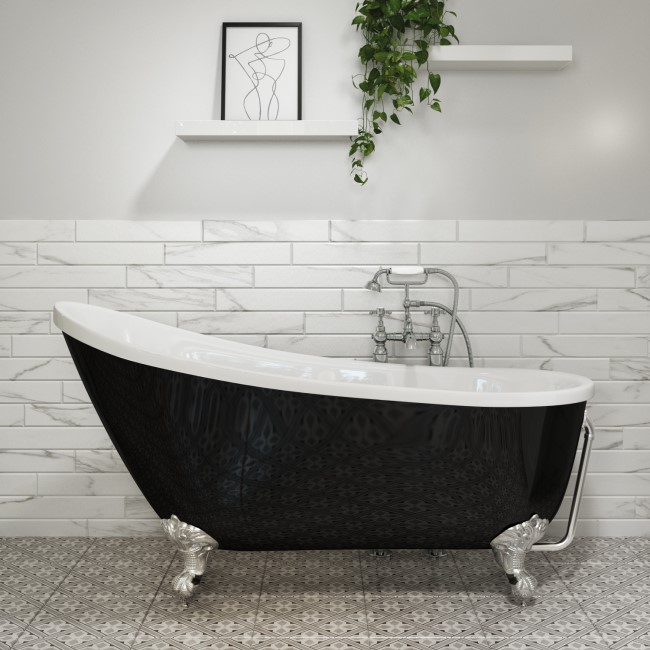 Freestanding Single Ended Roll Top Slipper Bath Black with Chrome Feet 1625 x 695mm - Lunar 