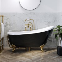 Black Freestanding Single Ended Roll Top Slipper Bath with Brushed Brass Feet 1625 x 695mm - Lunar Black Freestanding Single Ended Roll Top Slipper Bath with Brushed Brass Feet 1625 x 695mm - Lunar