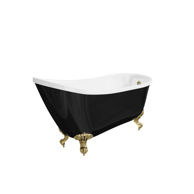 Black Freestanding Single Ended Roll Top Slipper Bath with Brushed Brass Feet 1625 x 695mm - Lunar