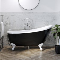 Black Freestanding Single Ended Roll Top Slipper Bath with White Feet 1625 x 695mm - Lunar Black Freestanding Single Ended Roll Top Slipper Bath with White Feet 1625 x 695mm - Lunar
