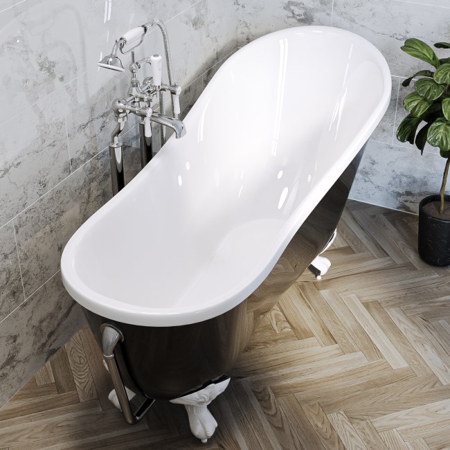 Black Freestanding Single Ended Roll Top Slipper Bath with White Feet 1625 x 695mm - Lunar