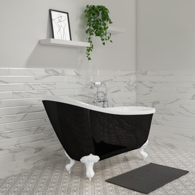 Black Freestanding Single Ended Roll Top Slipper Bath with White Feet 1625 x 695mm - Lunar