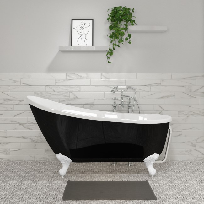 Black Freestanding Single Ended Roll Top Slipper Bath with White Feet 1625 x 695mm - Lunar