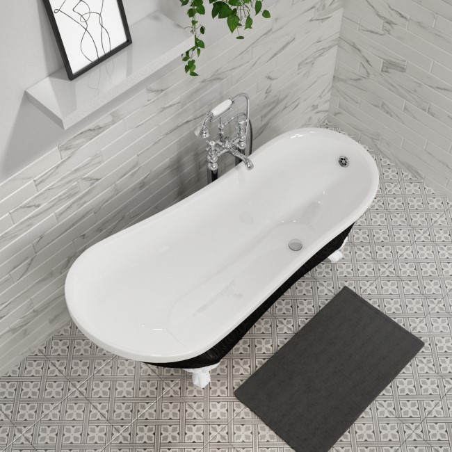 Black Freestanding Single Ended Roll Top Slipper Bath with White Feet 1625 x 695mm - Lunar