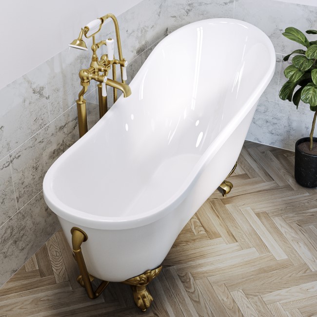 Freestanding Single Ended Roll Top Slipper Bath with Brushed Brass Feet 1625 x 695mm - Lunar