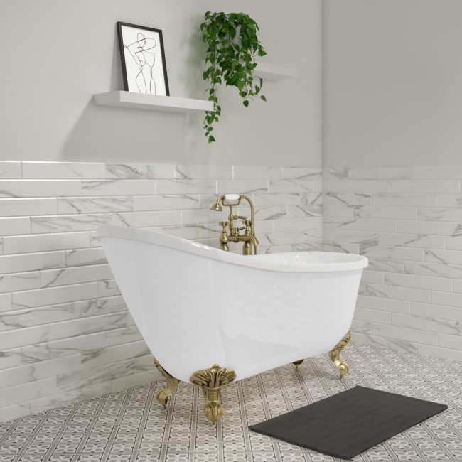 Freestanding Single Ended Roll Top Slipper Bath with Brushed Brass Feet 1625 x 695mm - Lunar