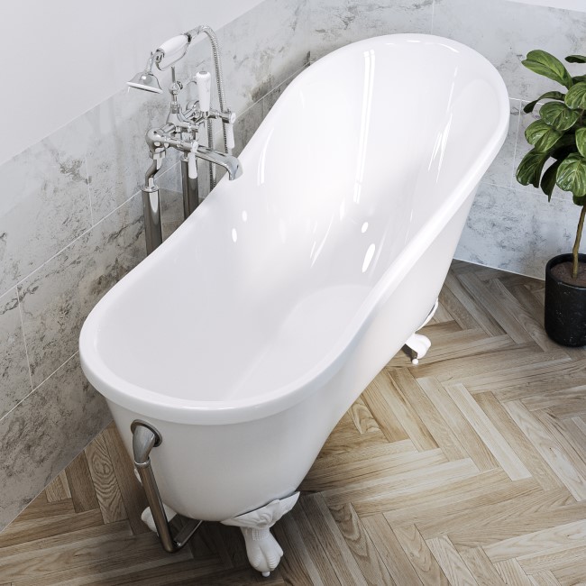 Freestanding Single Ended Roll Top Slipper Bath with White Feet 1625 x 695mm - Lunar