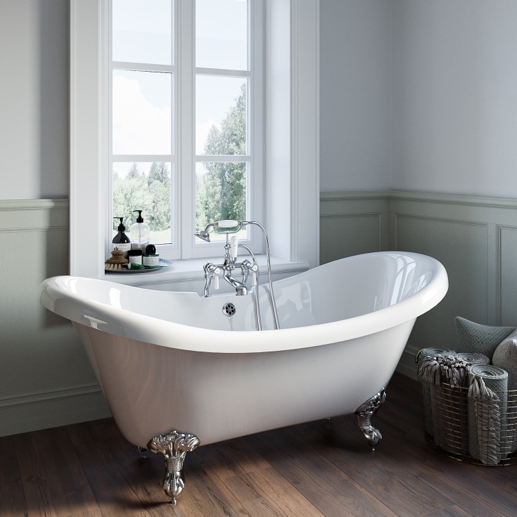 Grade A2 - Freestanding Double Ended Roll Top Bath with Chrome Feet 1750 x 740mm - Park Royal