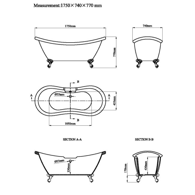 Grade A2 - Freestanding Double Ended Roll Top Bath with Chrome Feet 1750 x 740mm - Park Royal