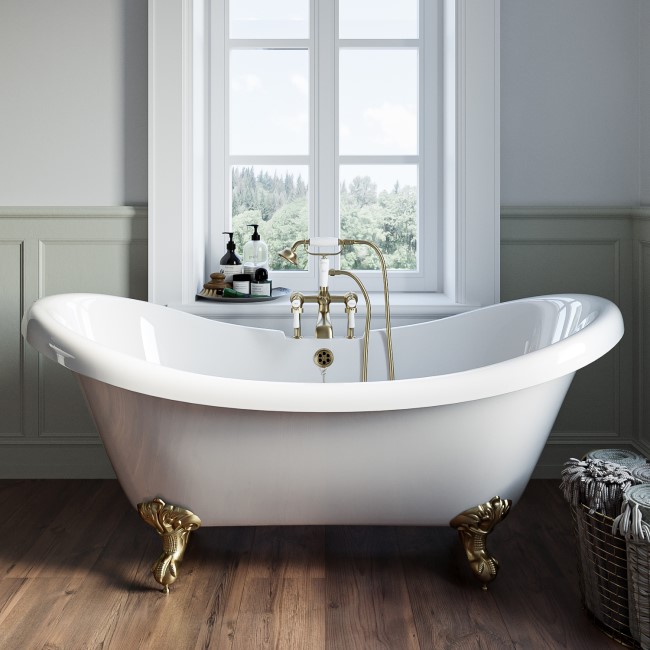 Grade A2 - Freestanding Double Ended Roll Top Bath with Brushed Brass Feet 1750 x 740mm - Park Royal