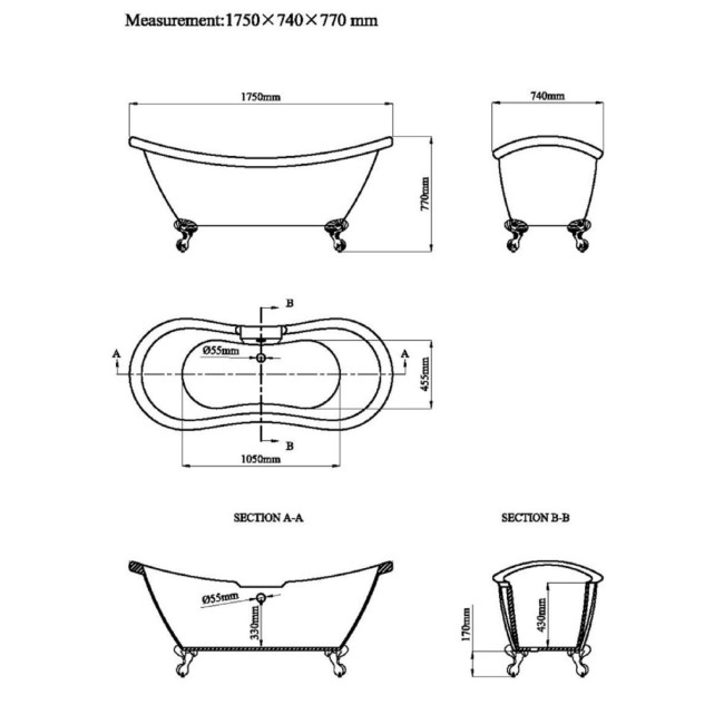 Grade A2 - Freestanding Double Ended Roll Top Bath with Brushed Brass Feet 1750 x 740mm - Park Royal