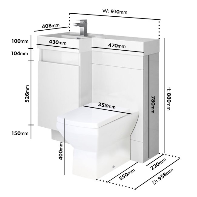 900mm White Toilet and Sink Unit Left Hand with Square Toilet- Agora