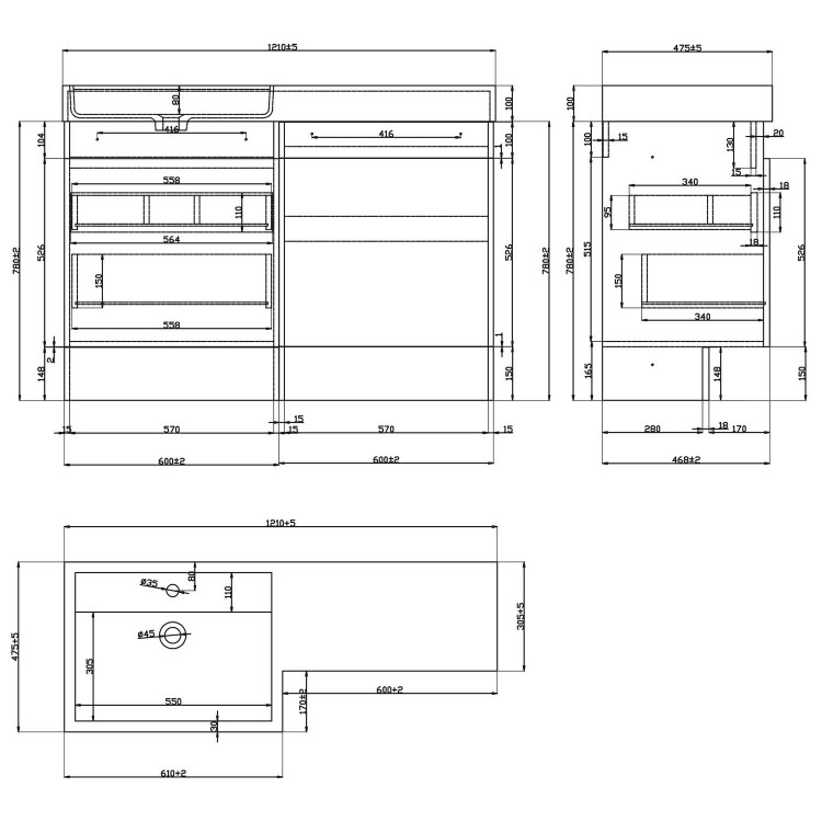 1200mm  White Toilet and Sink Unit Left Hand with Square Toilet - Agora