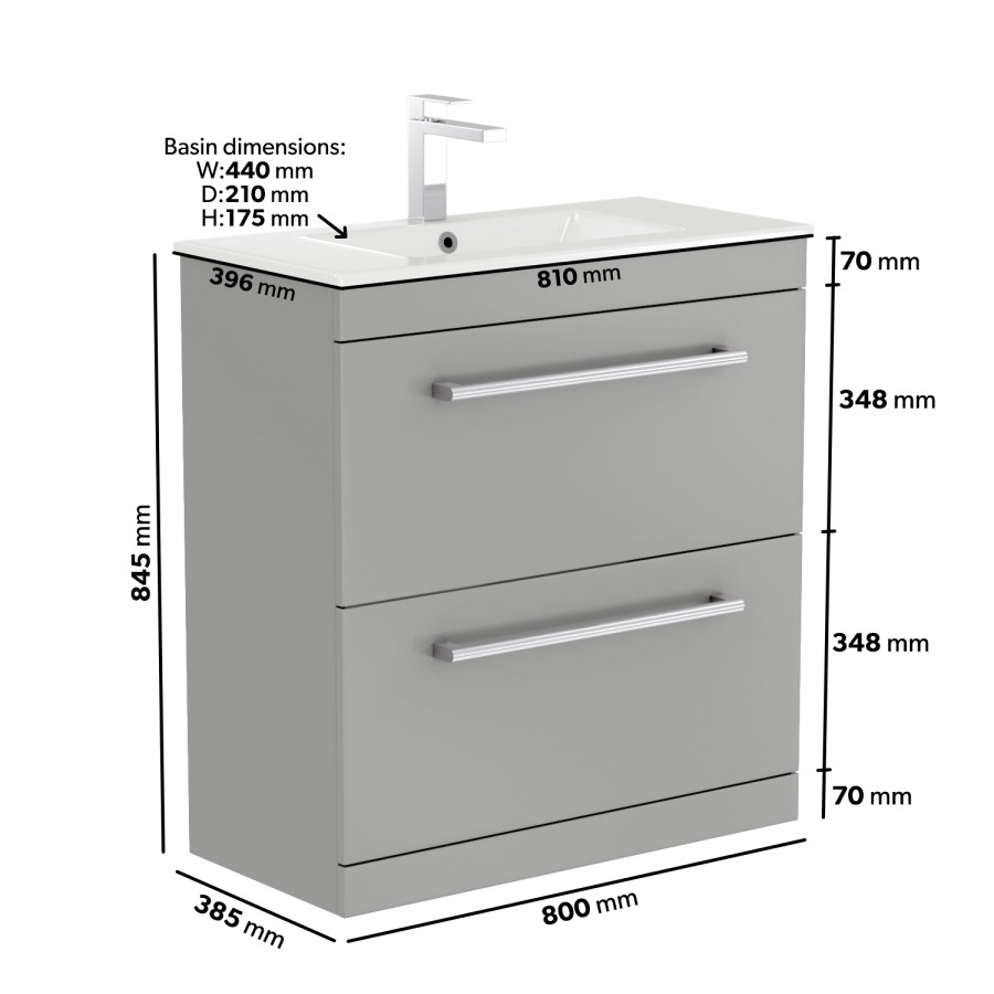 800mm Grey Freestanding Vanity Unit with Basin and Chrome Handles - Ashford