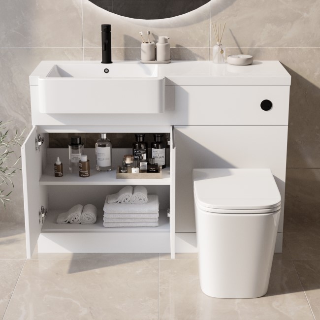 Grade A1 - 1100mm White Left Hand Toilet and Sink Unit with Square Toilet and Black Fittings - Bali