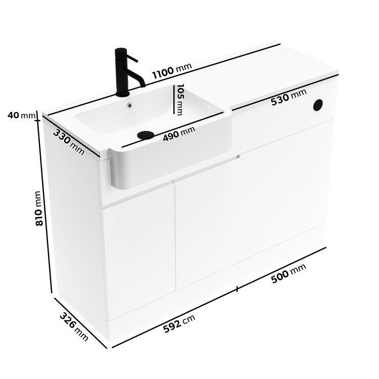 1100mm White Left Hand Toilet and Sink Unit with Square Toilet and Black Fittings - Bali