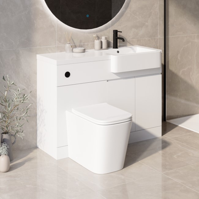 Grade A2 - 1100mm White Toilet and Sink Unit Right Hand with Square Toilet and Black Fittings - Bali