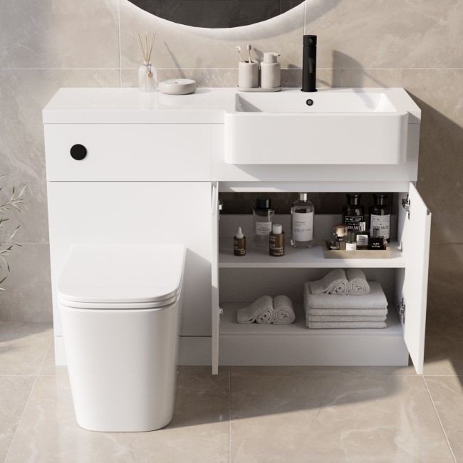 Grade A2 - 1100mm White Toilet and Sink Unit Right Hand with Square Toilet and Black Fittings - Bali