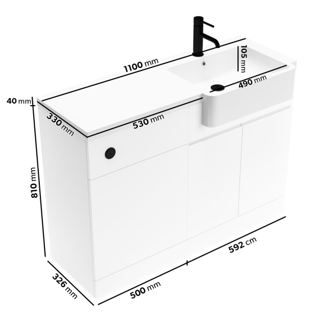 Grade A2 - 1100mm White Toilet and Sink Unit Right Hand with Square Toilet and Black Fittings - Bali