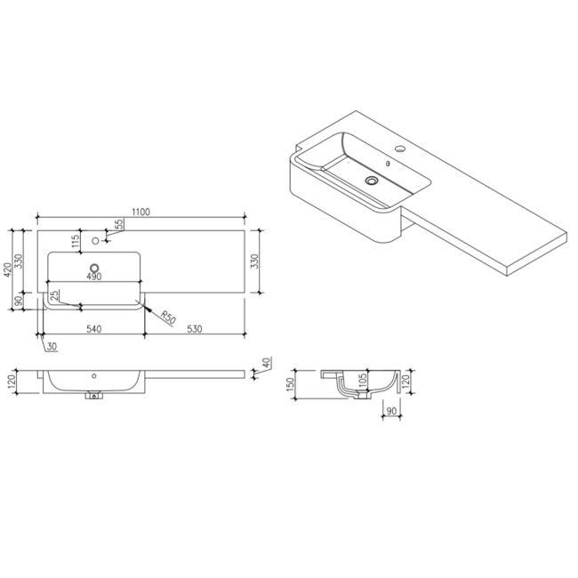 Grade A2 - 1100mm White Toilet and Sink Unit Right Hand with Square Toilet and Black Fittings - Bali