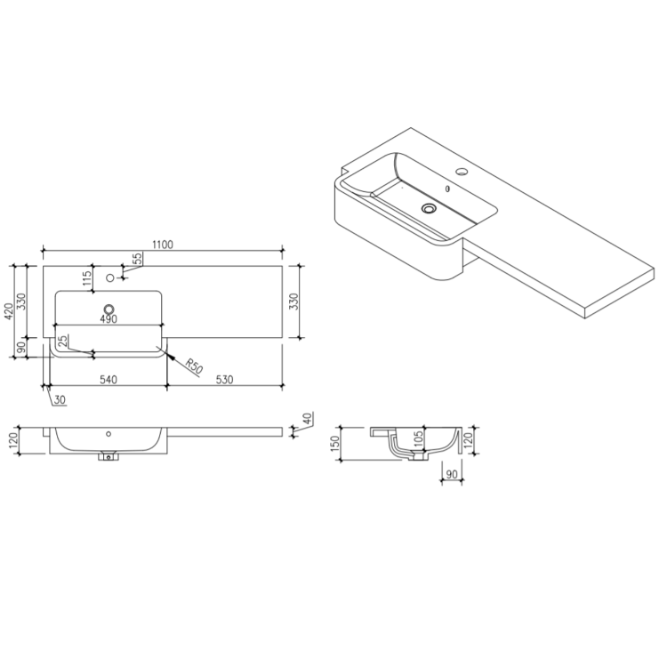 1100mm Black Right Hand Toilet and Sink Unit with Square Toilet and Brass Fittings - Bali