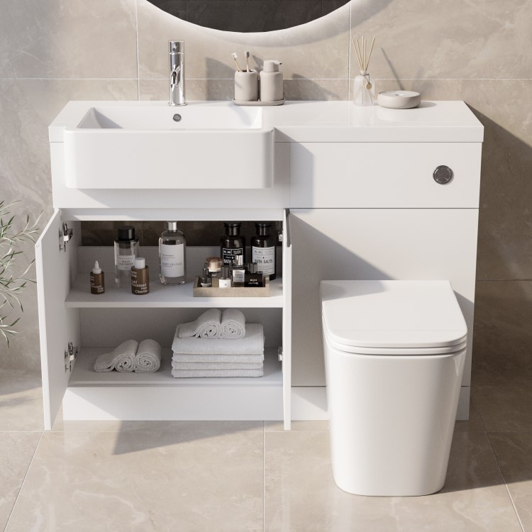 1100mm White Left Hand Toilet and Sink Unit with Square Toilet and Chrome Fittings - Bali