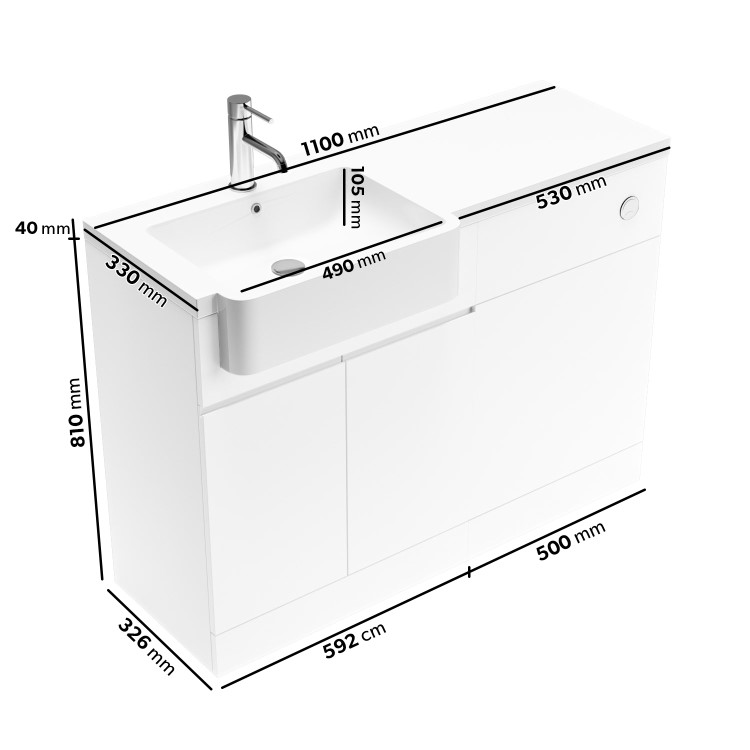 1100mm White Left Hand Toilet and Sink Unit with Square Toilet and Chrome Fittings - Bali