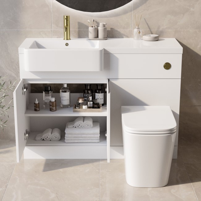 1100mm White Left Hand Toilet and Sink Unit with Square Toilet and Brass Fittings - Bali