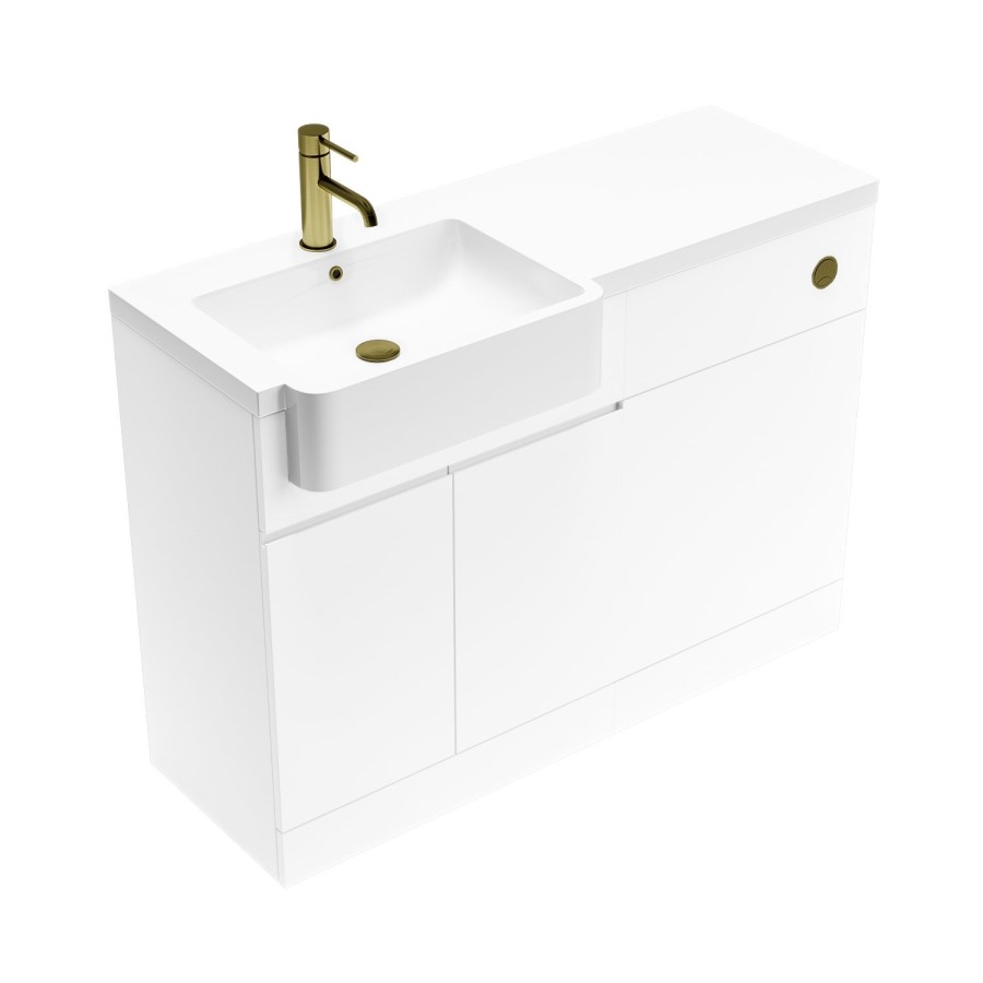 1100mm White Left Hand Toilet and Sink Unit with Square Toilet and Brass Fittings - Bali