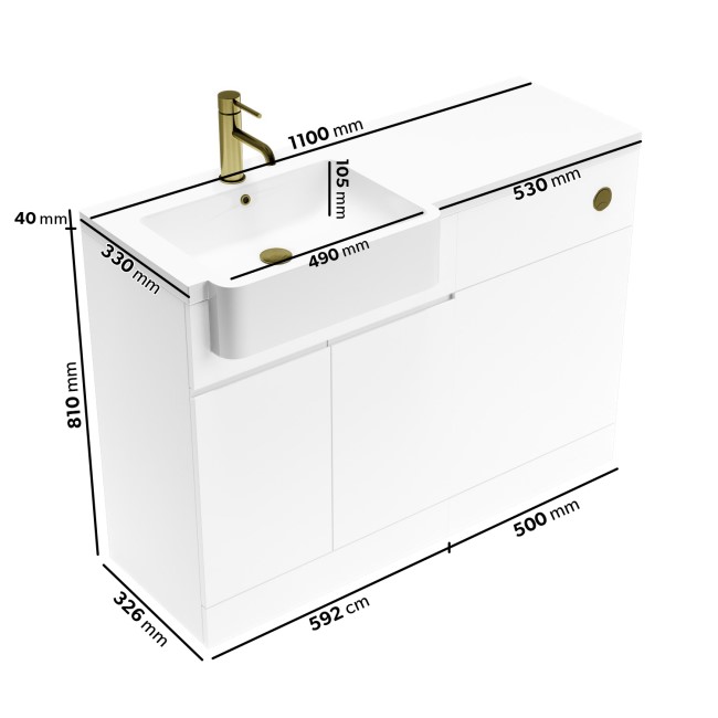 1100mm White Left Hand Toilet and Sink Unit with Brass Fittings - Unit & Basin Only - Bali