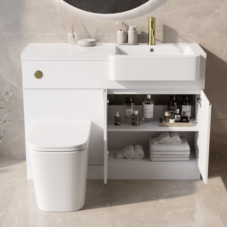 1100mm White Right Hand Toilet and Sink Unit with Square Toilet and Brass Fittings - Bali