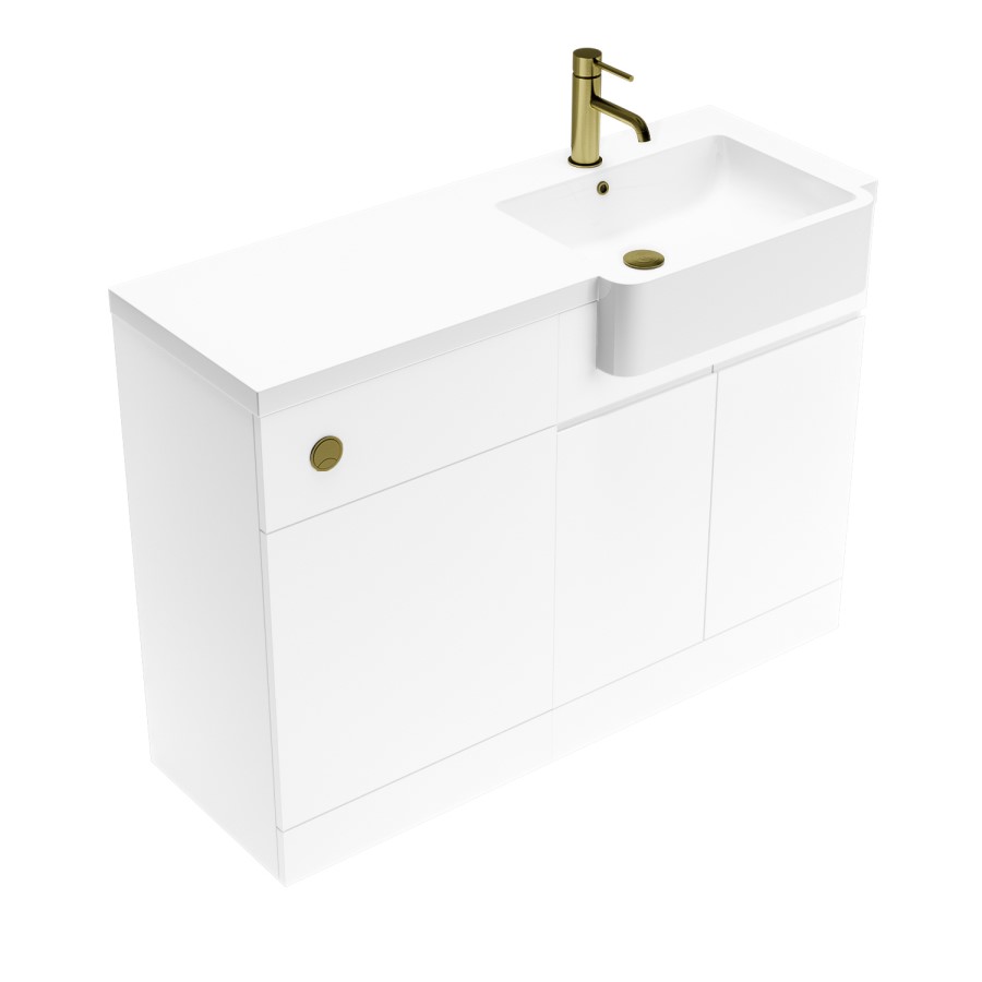 1100mm White Right Hand Toilet and Sink Unit with Square Toilet and Brass Fittings - Bali