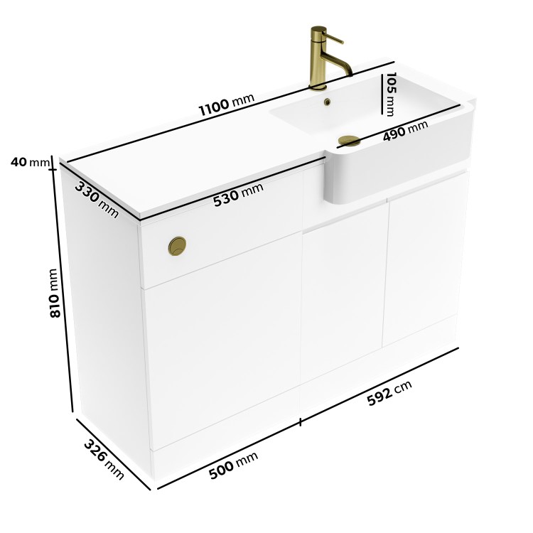 1100mm White Right Hand Toilet and Sink Unit with Square Toilet and Brass Fittings - Bali