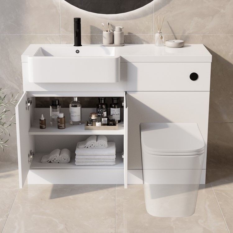 1100mm White Left Hand Toilet and Sink Unit with Black Fittings - Unit & Basin Only - Bali