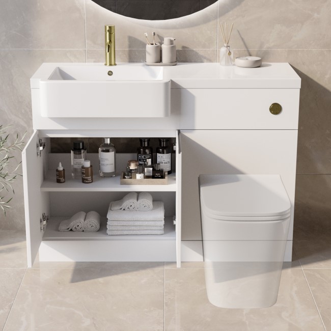 1100mm White Left Hand Toilet and Sink Unit with Brass Fittings - Unit & Basin Only - Bali