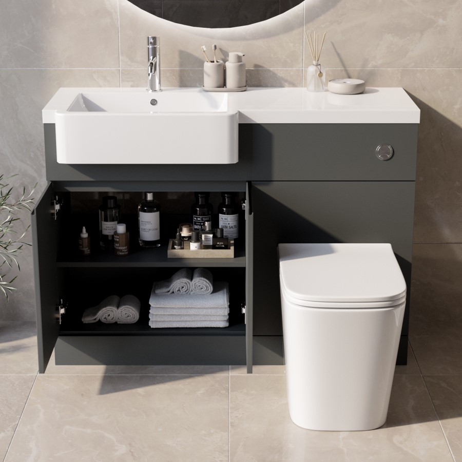 1100mm Grey Left Hand Toilet and Sink Unit with Square Toilet and Chrome Fittings - Bali