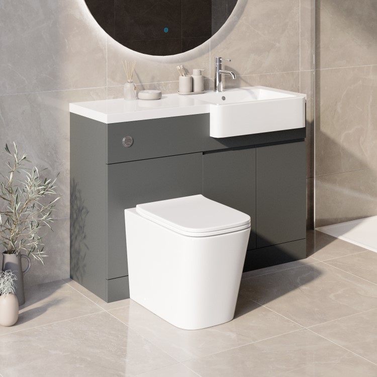 1100mm Grey Right Hand Toilet and Sink Unit with Square Toilet and Chrome Fittings - Bali