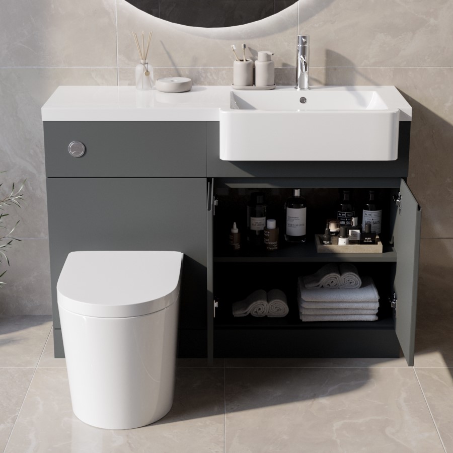 Grade A1 - 1100mm Grey Toilet and Sink Unit Right Hand with Round Toilet- Bali