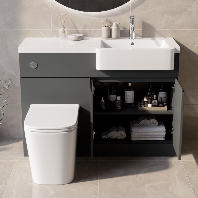 1100mm Grey Right Hand Toilet and Sink Unit with Square Toilet and Chrome Fittings - Bali