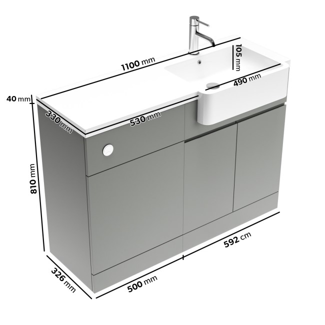 1100mm Grey Right Hand Toilet and Sink Unit with Square Toilet and Chrome Fittings - Bali