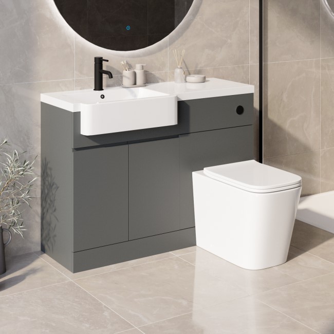 1100mm Grey Left Hand Toilet and Sink Unit with Square Toilet and Black Fittings - Bali