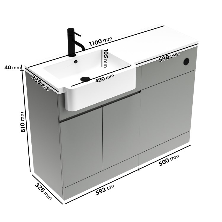 1100mm Grey Left Hand Toilet and Sink Unit with Black Fittings - Unit & Basin Only - Bali