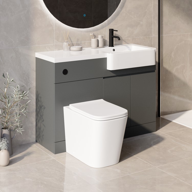 1100mm Grey Right Hand Toilet and Sink Unit with Square Toilet and Black Fittings - Bali