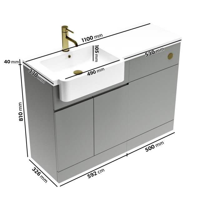 1100mm Grey Left Hand Toilet and Sink Unit with Square Toilet and Brass Fittings - Bali