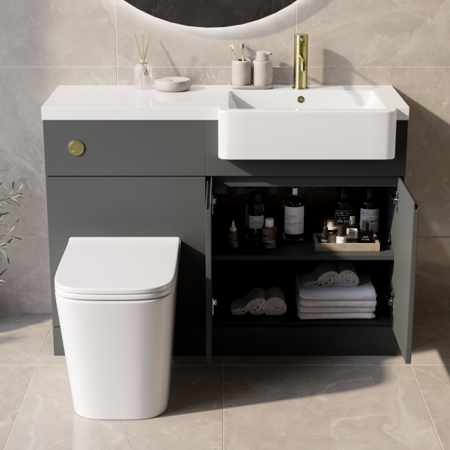 1100mm Grey Right Hand Toilet and Sink Unit with Square Toilet and Brass Fittings - Bali